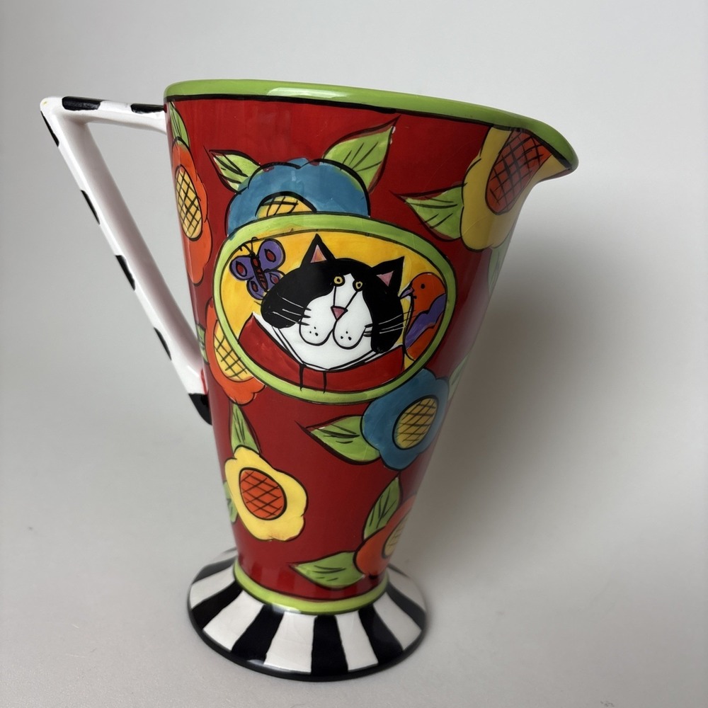 Catzilla Pedestal Pitcher By Candace Reiter Colorful Artsy Flowers Cat Design